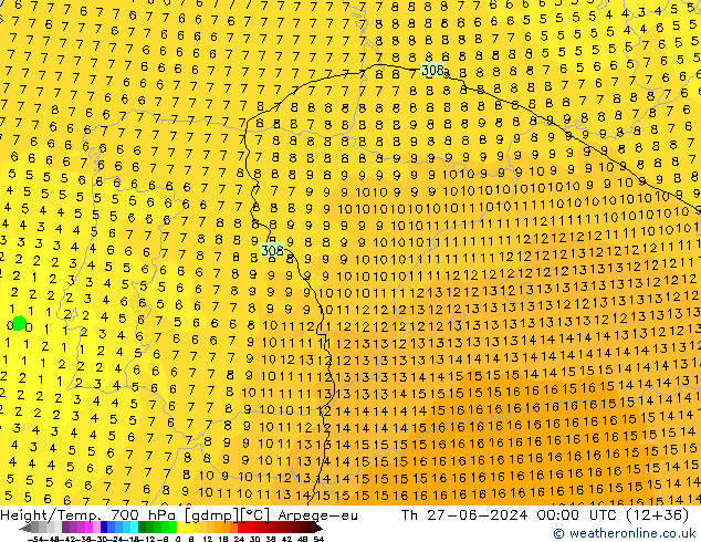 Hoogte/Temp. 700 hPa Arpege-eu do 27.06.2024 00 UTC