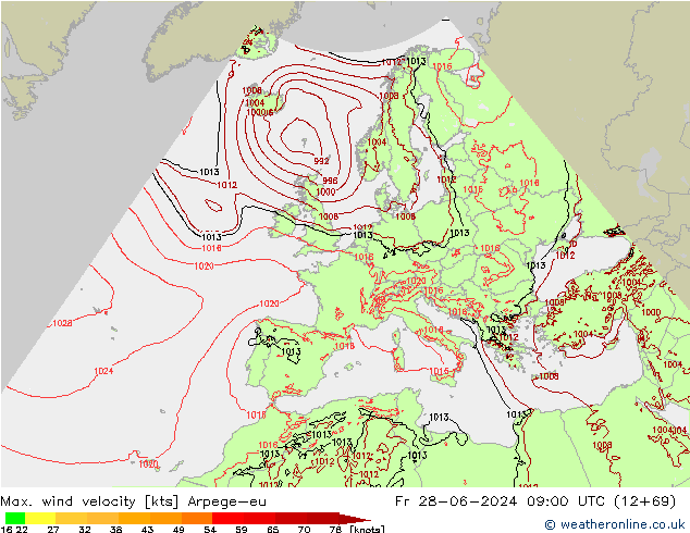 Max. wind velocity Arpege-eu vie 28.06.2024 09 UTC