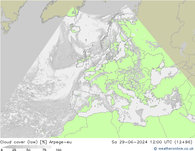 Cloud cover (low) Arpege-eu Sa 29.06.2024 12 UTC