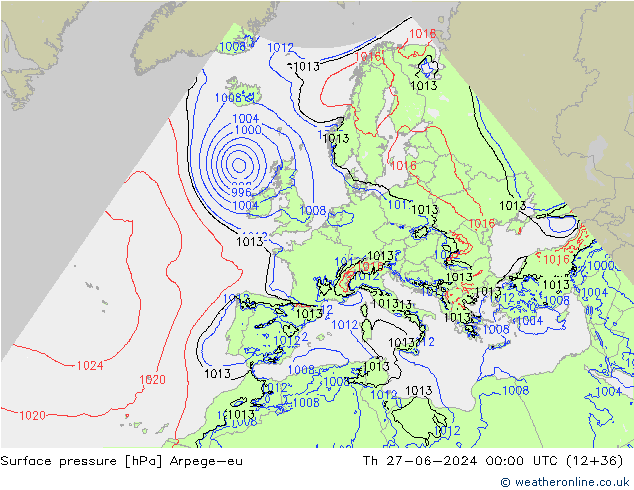 Atmosférický tlak Arpege-eu Čt 27.06.2024 00 UTC