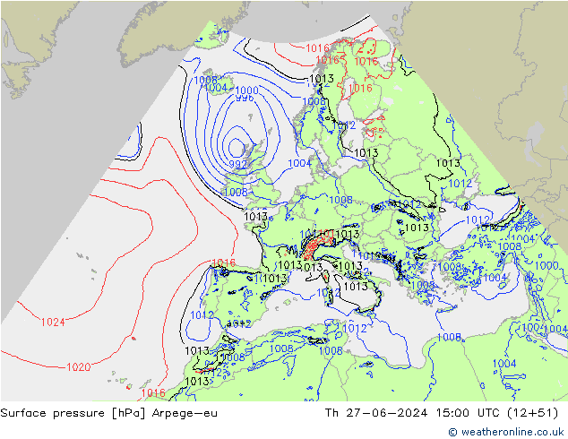 Presión superficial Arpege-eu jue 27.06.2024 15 UTC
