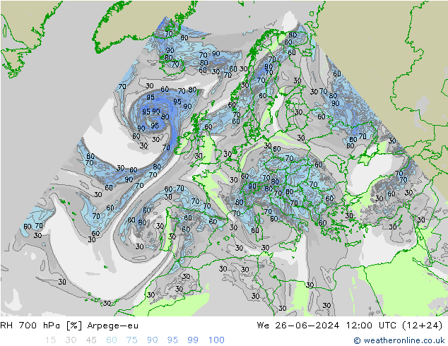 RH 700 hPa Arpege-eu Mi 26.06.2024 12 UTC