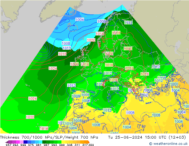 Thck 700-1000 hPa Arpege-eu wto. 25.06.2024 15 UTC