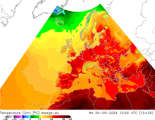 Temperatura (2m) Arpege-eu mer 26.06.2024 12 UTC