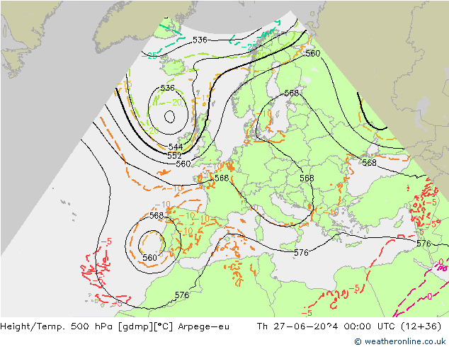 Height/Temp. 500 гПа Arpege-eu чт 27.06.2024 00 UTC