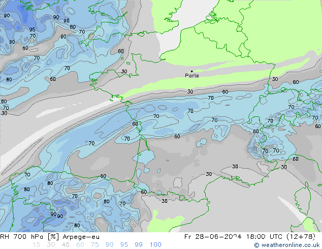 RH 700 hPa Arpege-eu ven 28.06.2024 18 UTC