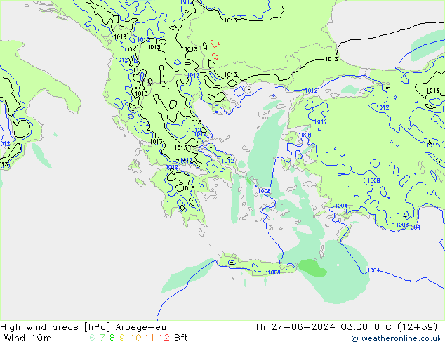 High wind areas Arpege-eu Th 27.06.2024 03 UTC