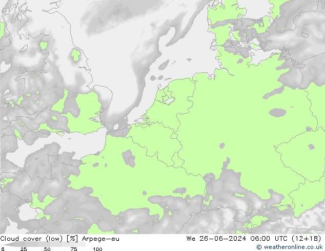 Cloud cover (low) Arpege-eu We 26.06.2024 06 UTC