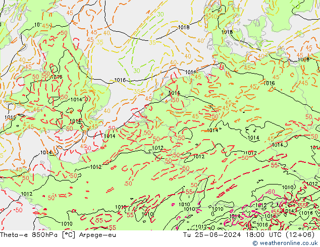 Theta-e 850hPa Arpege-eu 星期二 25.06.2024 18 UTC