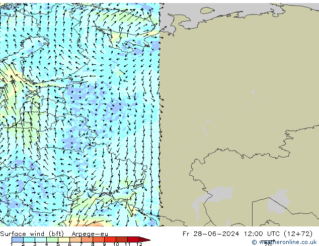 Wind 10 m (bft) Arpege-eu vr 28.06.2024 12 UTC