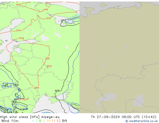 High wind areas Arpege-eu Th 27.06.2024 06 UTC