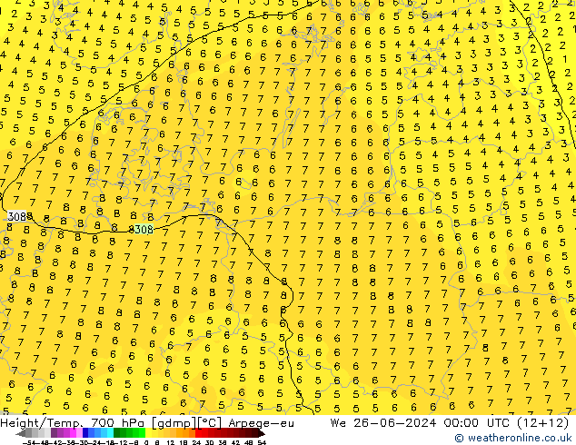 Height/Temp. 700 hPa Arpege-eu Qua 26.06.2024 00 UTC