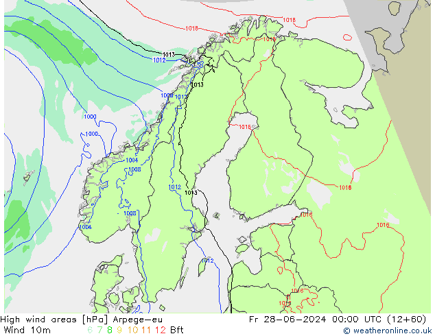 High wind areas Arpege-eu ven 28.06.2024 00 UTC