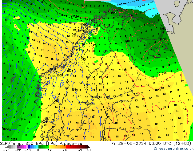 SLP/Temp. 850 hPa Arpege-eu Sex 28.06.2024 03 UTC