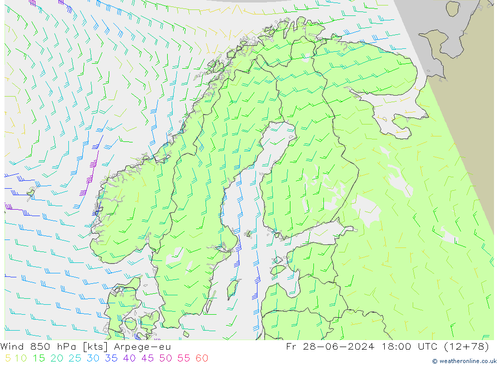 ветер 850 гПа Arpege-eu пт 28.06.2024 18 UTC