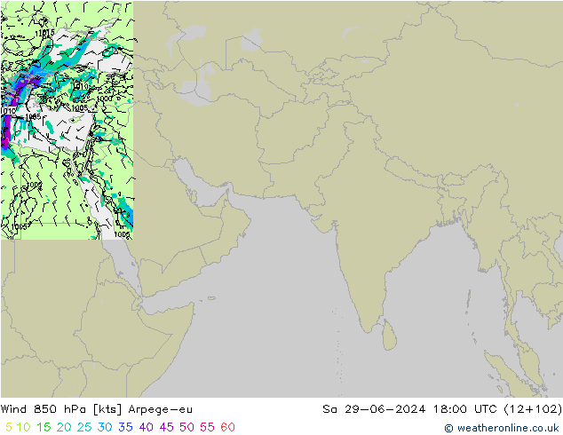 ветер 850 гПа Arpege-eu сб 29.06.2024 18 UTC