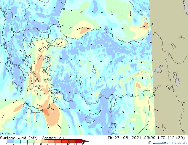 Surface wind (bft) Arpege-eu Th 27.06.2024 03 UTC