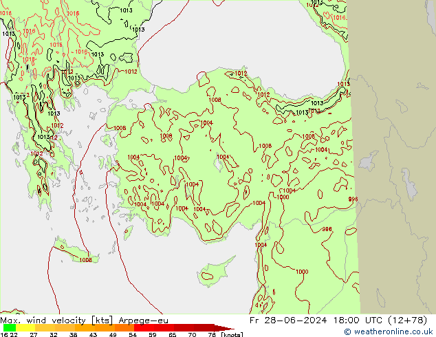 Max. wind velocity Arpege-eu Fr 28.06.2024 18 UTC