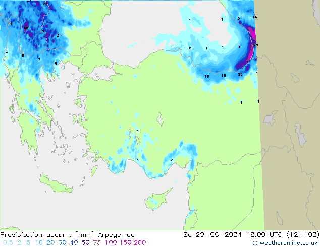Precipitation accum. Arpege-eu  29.06.2024 18 UTC