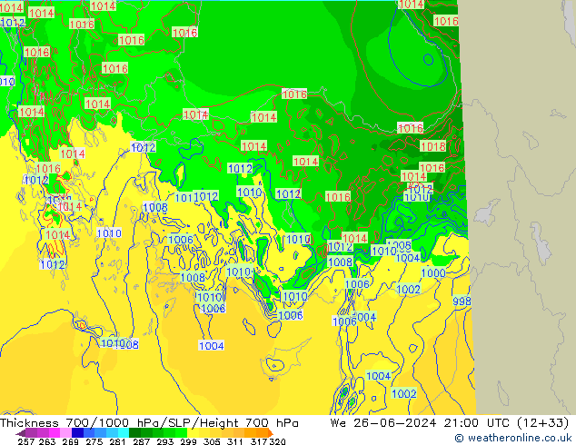 Thck 700-1000 hPa Arpege-eu We 26.06.2024 21 UTC