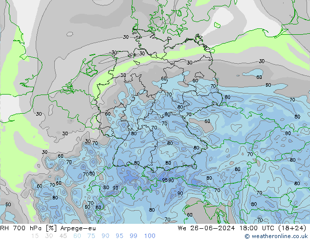 RH 700 hPa Arpege-eu 星期三 26.06.2024 18 UTC