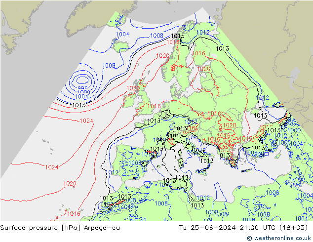 地面气压 Arpege-eu 星期二 25.06.2024 21 UTC