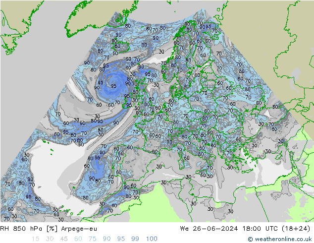 RH 850 hPa Arpege-eu 星期三 26.06.2024 18 UTC