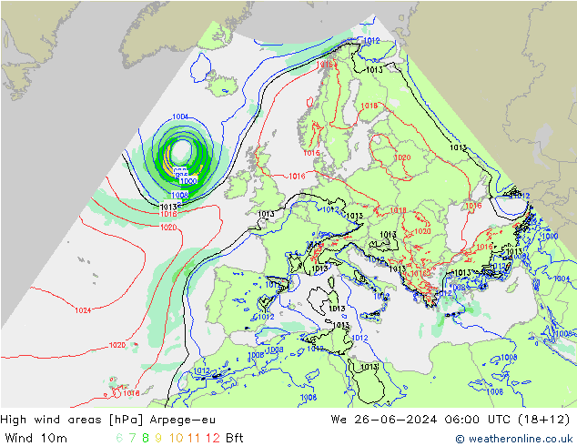 High wind areas Arpege-eu St 26.06.2024 06 UTC