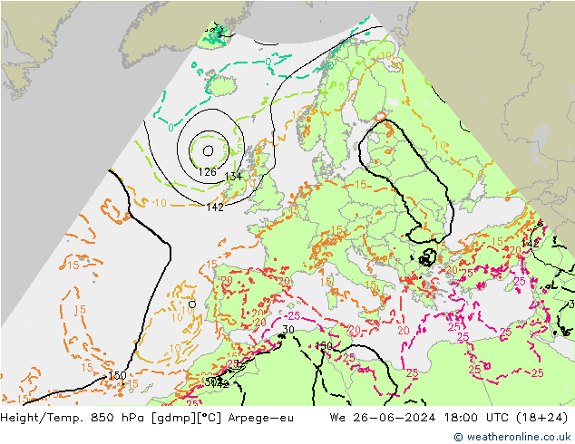 Hoogte/Temp. 850 hPa Arpege-eu wo 26.06.2024 18 UTC