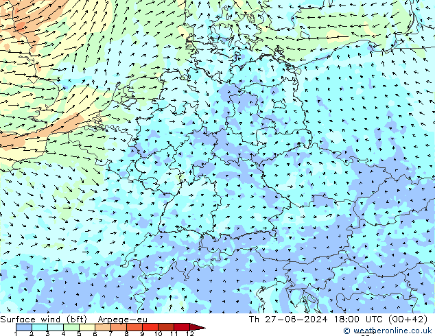 Surface wind (bft) Arpege-eu Th 27.06.2024 18 UTC