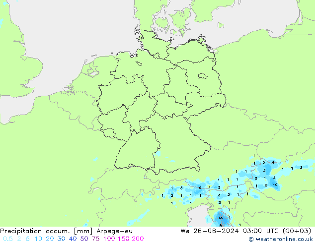 Totale neerslag Arpege-eu wo 26.06.2024 03 UTC
