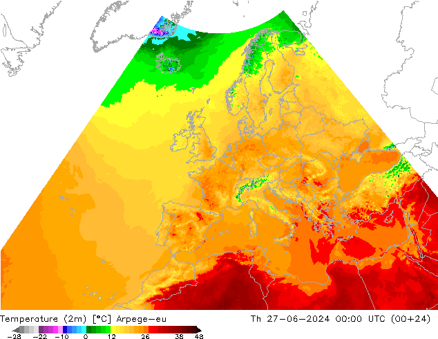 Temperatuurkaart (2m) Arpege-eu do 27.06.2024 00 UTC
