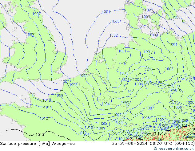 Pressione al suolo Arpege-eu dom 30.06.2024 06 UTC