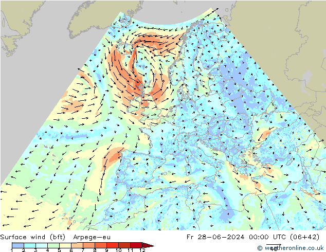 Wind 10 m (bft) Arpege-eu vr 28.06.2024 00 UTC