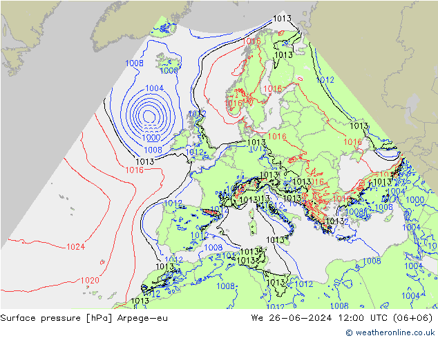 地面气压 Arpege-eu 星期三 26.06.2024 12 UTC