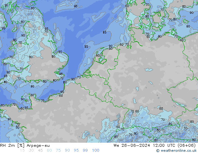 RH 2m Arpege-eu 星期三 26.06.2024 12 UTC