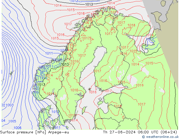 地面气压 Arpege-eu 星期四 27.06.2024 06 UTC