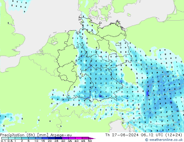 Totale neerslag (6h) Arpege-eu do 27.06.2024 12 UTC