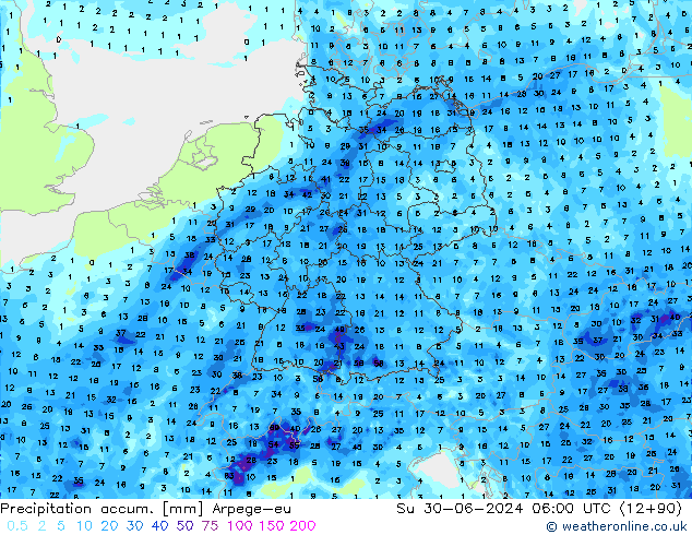 Totale neerslag Arpege-eu zo 30.06.2024 06 UTC