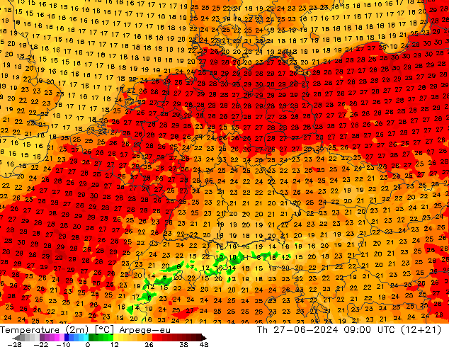 Temperatuurkaart (2m) Arpege-eu do 27.06.2024 09 UTC