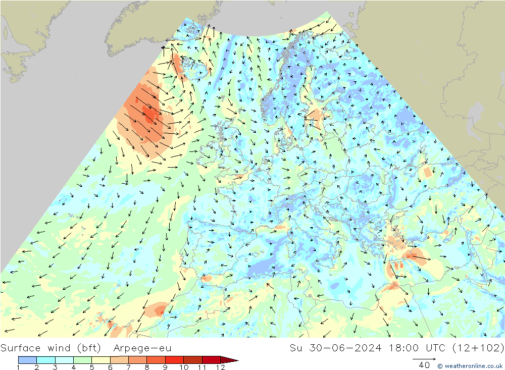 Surface wind (bft) Arpege-eu Su 30.06.2024 18 UTC