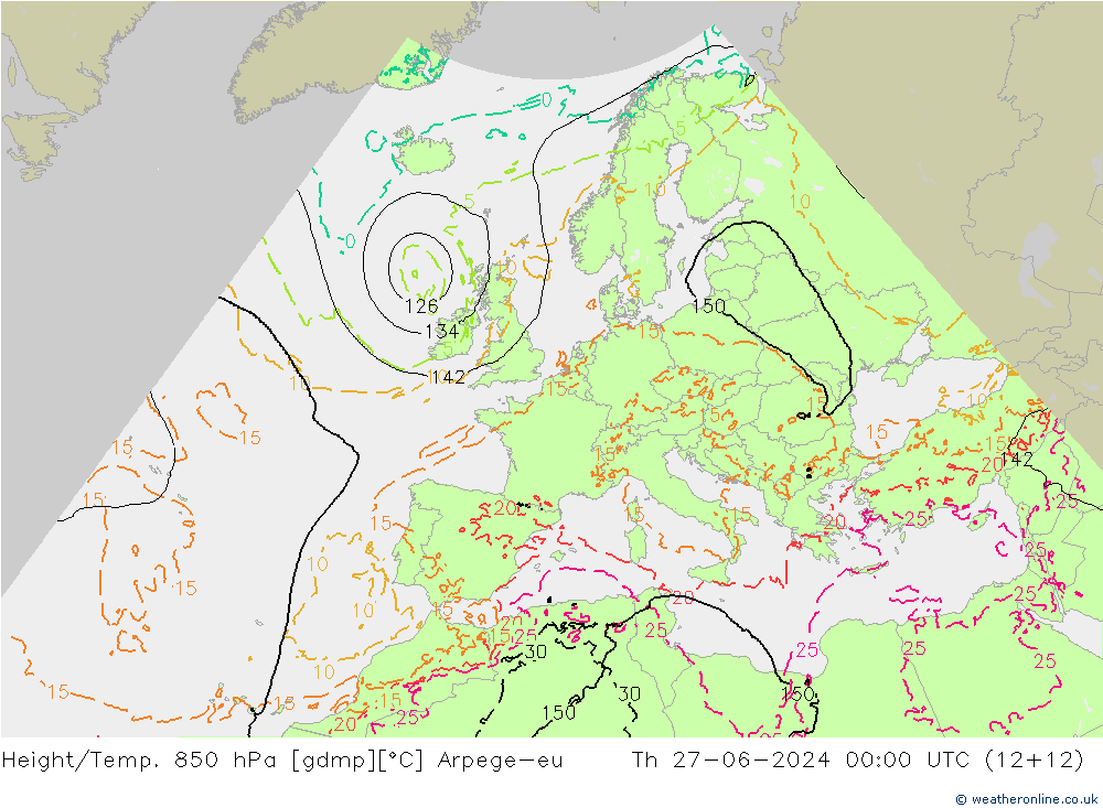 Height/Temp. 850 hPa Arpege-eu 星期四 27.06.2024 00 UTC