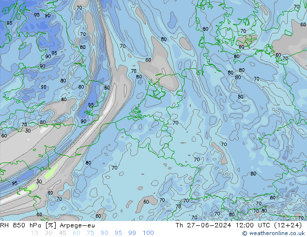 RH 850 hPa Arpege-eu 星期四 27.06.2024 12 UTC