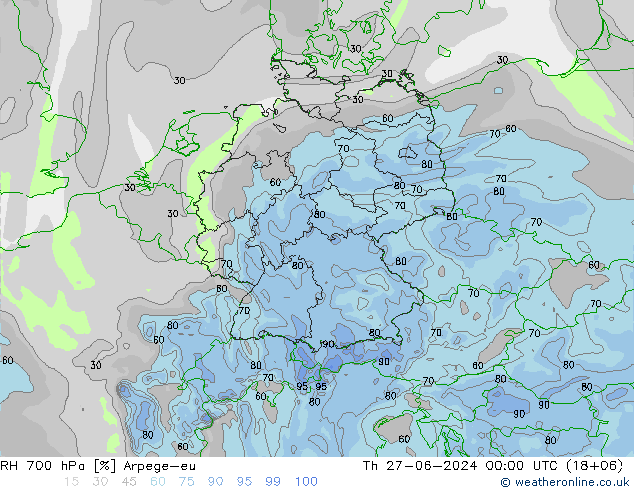 RH 700 hPa Arpege-eu 星期四 27.06.2024 00 UTC