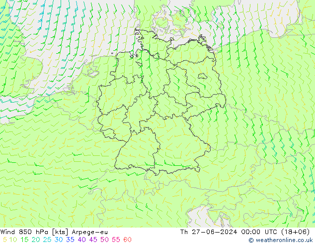 风 850 hPa Arpege-eu 星期四 27.06.2024 00 UTC