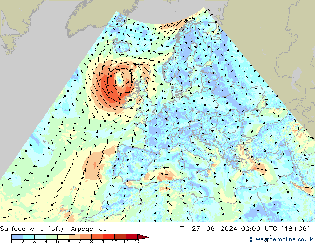 Wind 10 m (bft) Arpege-eu do 27.06.2024 00 UTC