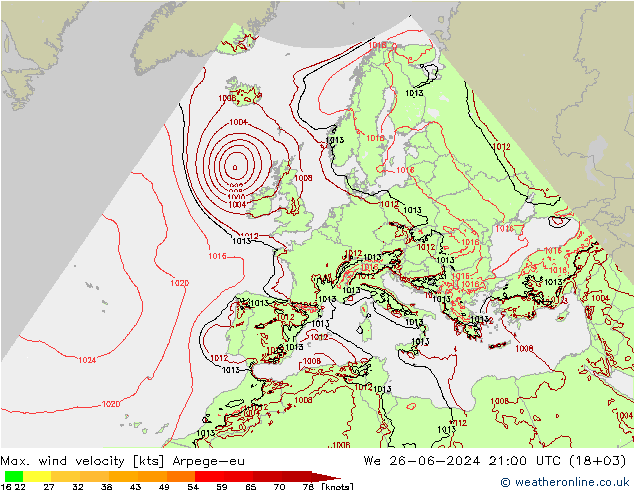 Max. wind velocity Arpege-eu 星期三 26.06.2024 21 UTC