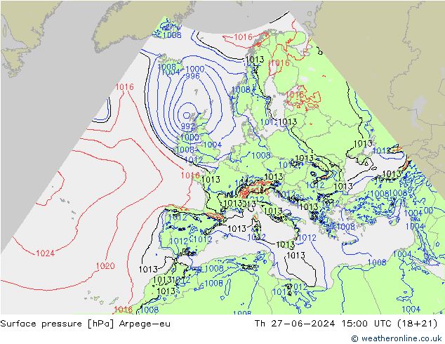 地面气压 Arpege-eu 星期四 27.06.2024 15 UTC