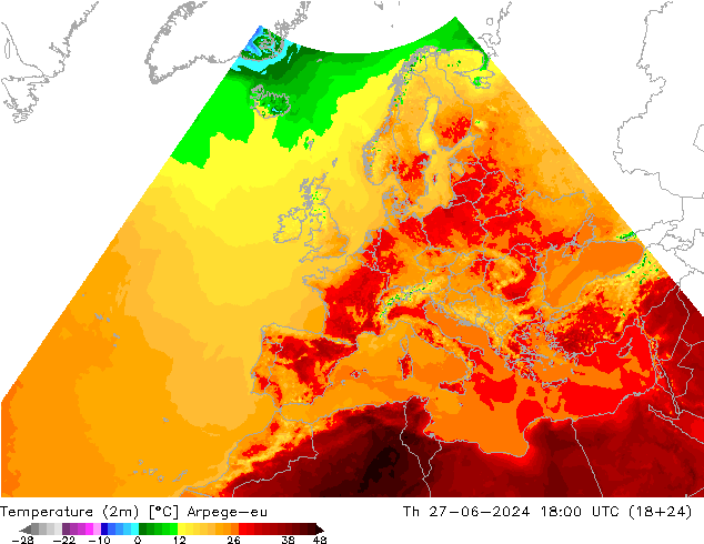 温度图 Arpege-eu 星期四 27.06.2024 18 UTC