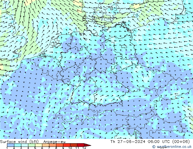 �N 10 米 (bft) Arpege-eu 星期四 27.06.2024 06 UTC